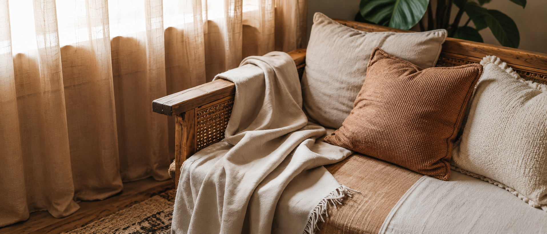 Soft home textiles styled in a calm lifestyle setting